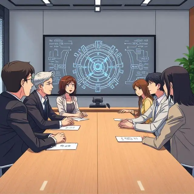 "A professional meeting setting with anime studio executives and voice actors discussing the ethical use of AI in anime voice acting. The image should show a collaborative, transparent approach, with an AI system in the background and the people engaged in an open conversation."