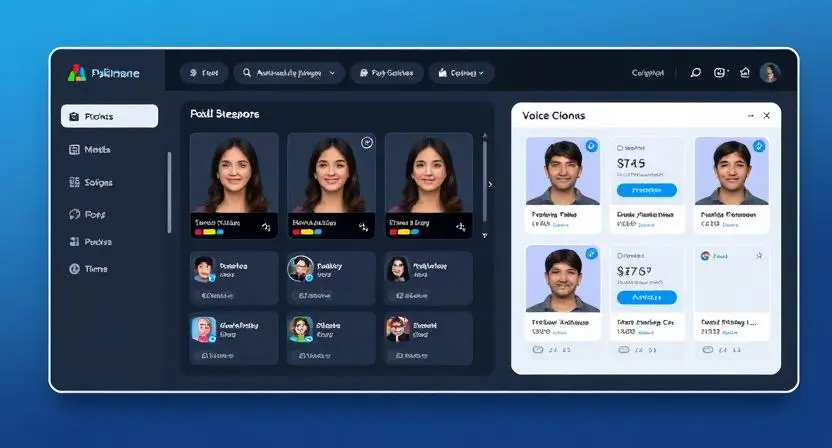 A sleek AI-powered software dashboard displaying different celebrity and streamer voice cloning options, including Pokimane.