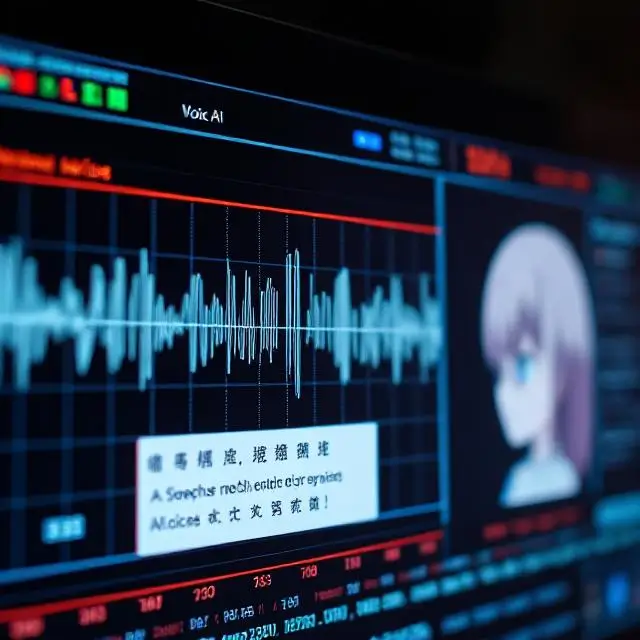 "A close-up of an AI interface from Resemble AI software, generating a synthetic anime voice. The screen should show the waveform of an anime character’s voice, with speech text and an anime character design next to the voice data. The background should highlight the advanced technology of voice synthesis and AI-generated characters."