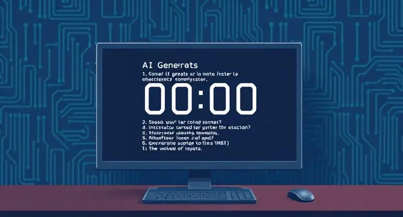 An illustration of a timer counting down as an AI generates a sonnet on a computer screen, emphasizing speed and efficiency.