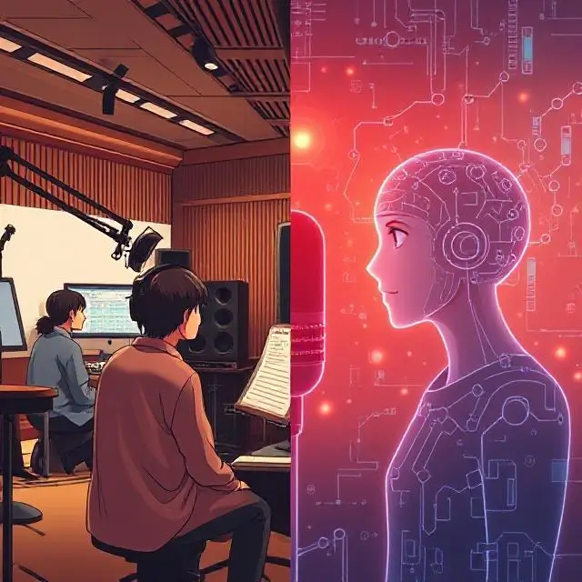 "A visual representation of ethical considerations in anime voice AI. The image should feature a split scene, with one side showing human voice actors in a recording studio, and the other side showcasing an AI system generating voice data for an anime character. The image should highlight the contrast between the traditional voice acting process and the technological advancements brought by AI, with a subtle emphasis on the ethical implications of AI replacing human talent."