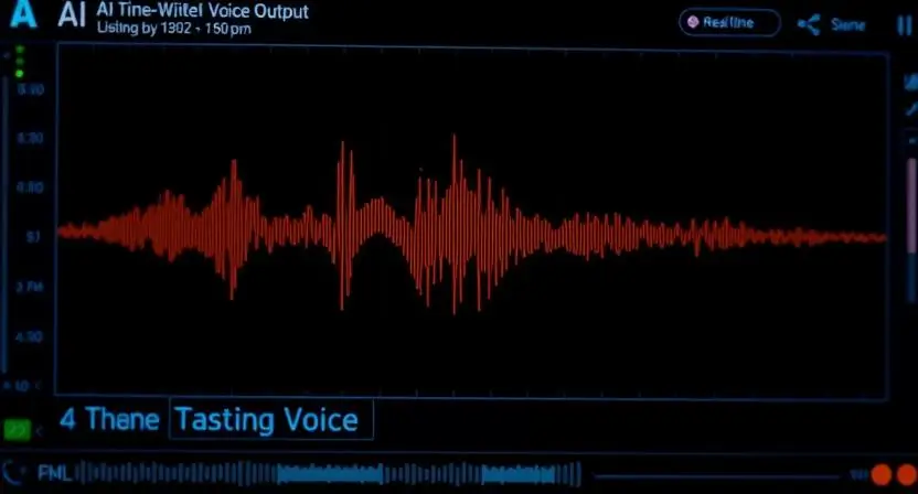 A digital interface showing real-time AI-generated voice output with waveforms dynamically changing as the AI speaks.
