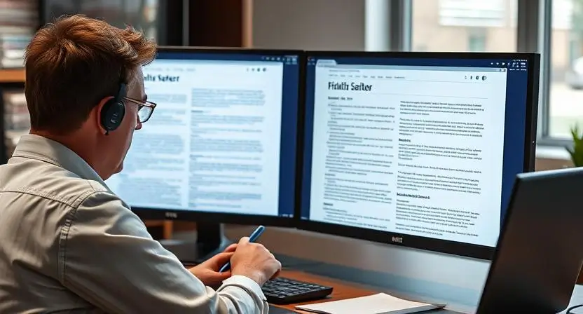 "A visual representation of a human editor reviewing AI-generated content. The editor is seen checking the article for accuracy and tone, with a split screen showing the AI's output on one side and human editing on the other."
