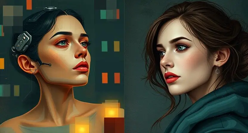 Create an image illustrating the contrast between an AI-generated art piece and a human-created artwork, both depicting the same subject matter, to showcase the difference in emotional depth and personal touch.