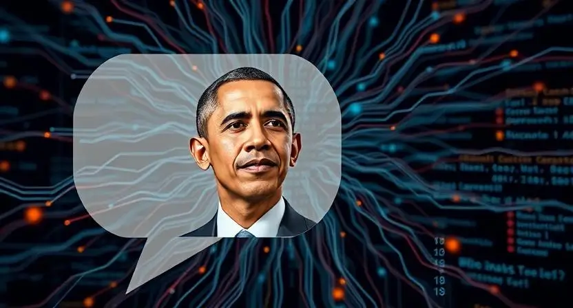 "Create an image of a neural network processing data with a speech bubble containing Barack Obama’s AI voice, symbolizing the advancements in natural language processing and AI voice synthesis."