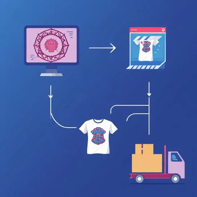 An illustration showing the seamless workflow between an AI design generator and a print-on-demand service. The image should depict the design being transferred from the AI tool to a POD service, with the product ready for shipping.