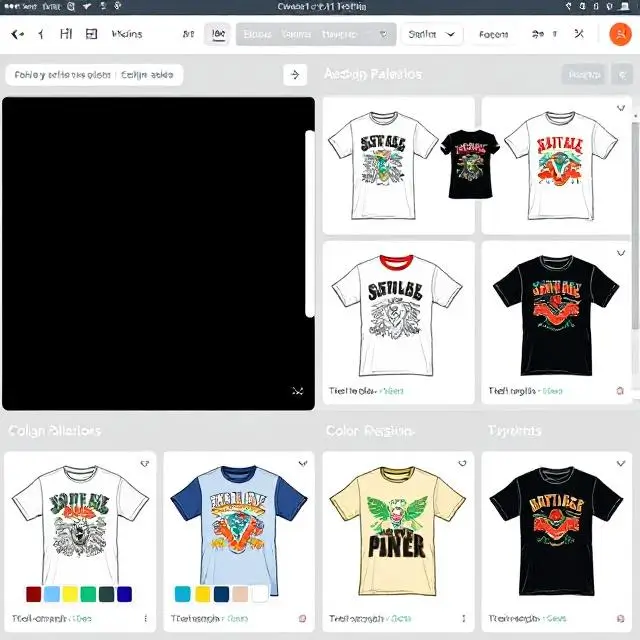 An image showing a screen displaying a variety of T-shirt designs created using an AI design tool. The design suggestions are visually presented with color palettes, typography, and graphic elements suggested by the AI.