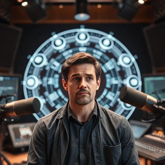 "A visual of a human voice actor in a studio, surrounded by futuristic AI technology generating voices. The actor should appear concerned or thoughtful as they look at the AI interface, symbolizing the potential impact on traditional voice acting careers."