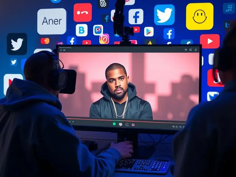 An image showing a content creator making a viral video using Kanye West’s AI voice with social media platforms and viral content elements in the background.
