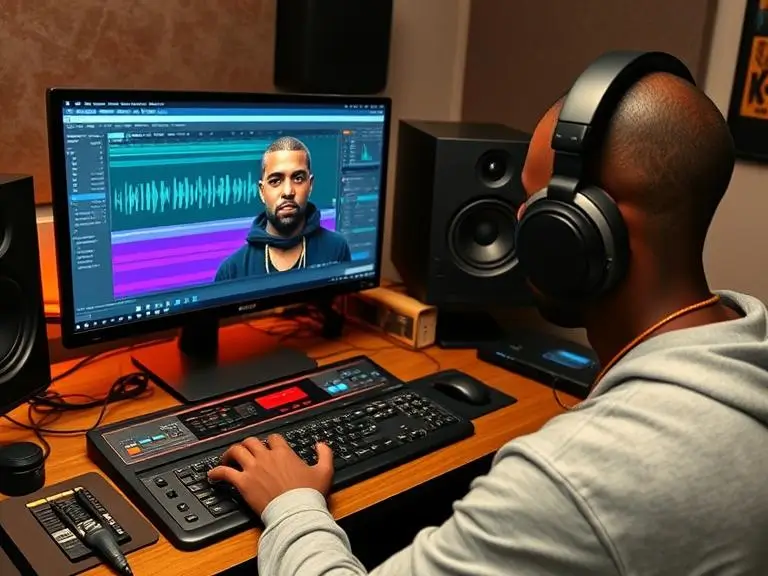 An example of a music producer working in a studio using Kanye West’s AI voice on their computer screen to create a new track or remix.