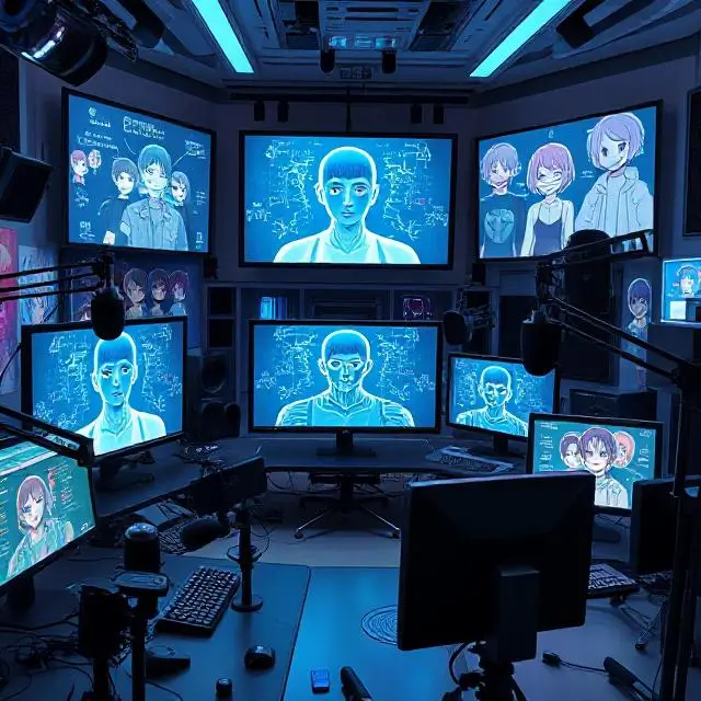"A futuristic anime studio setup with AI technology displayed on screens, showing a digital model of a voice actor being created using AI. The studio is filled with advanced computers, microphones, and animated character designs in the background. The setting should feel high-tech and creative."