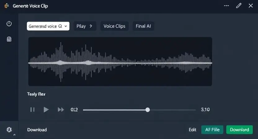 A user interface displaying a generated voice clip waveform, with options to play, edit, and download the final AI-generated audio file.