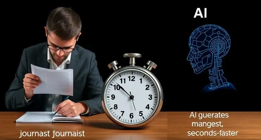 "A comparison graphic showing a human journalist writing an article manually versus an AI generating the same article in seconds. Include a stopwatch to symbolize the time difference, with the human process taking longer and the AI process being faster."