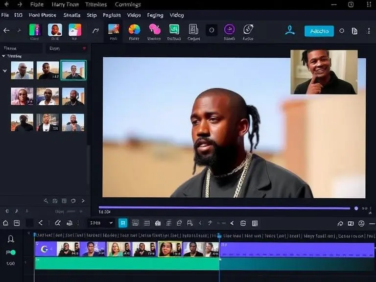 A user editing a video where Kanye West’s AI voice is being dubbed over a popular viral video, with a timeline visible in the video editing software.