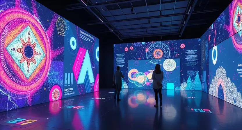 Generate an image of a futuristic digital art installation, where AI-generated art is displayed alongside interactive elements that allow users to engage with and alter the artwork in real time.