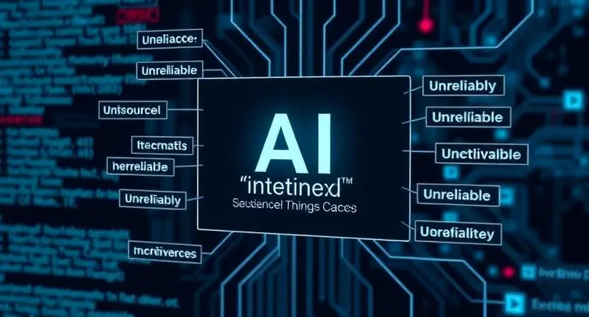 "A digital representation of AI struggling with incorrect or conflicting data. Show an AI system pulling data from multiple sources, with some sources marked 'unreliable,' illustrating the challenge of fact-checking in AI-generated content."