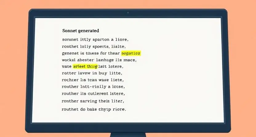 An illustration of a computer screen displaying a sonnet being generated in real-time, with highlighted lines showing rhyme patterns and meter as the AI works.