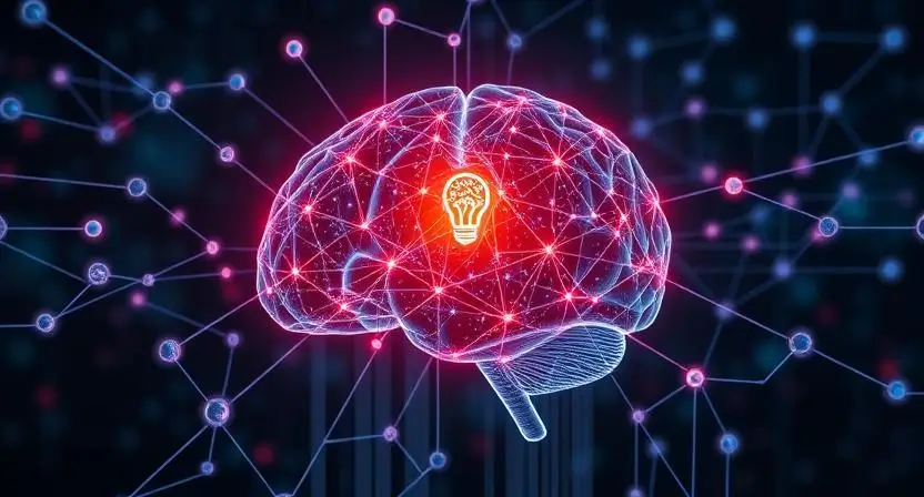 A digital AI brain with interconnected nodes, symbolizing machine learning and AI adaptation, with data flowing dynamically into a futuristic virtual assistant interface.