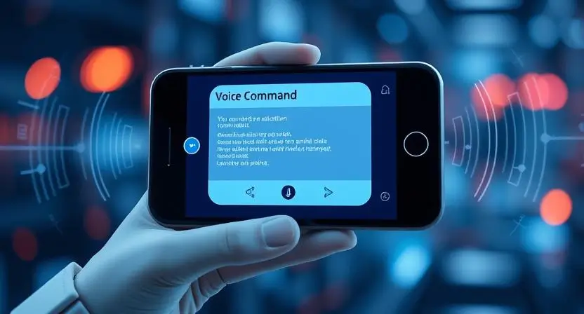 A futuristic AI-powered assistant displaying voice command recognition on a mobile screen, with a speech-to-text animation visualizing real-time voice processing.