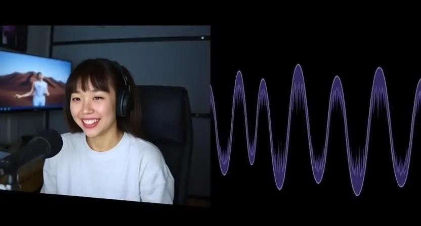 A split-screen image showing Pokimane streaming on one side and an AI-generated waveform mimicking her voice on the other side, representing AI voice cloning technology.