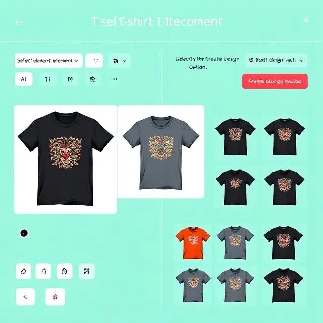 A screenshot of an AI T-shirt design generator interface with the user selecting elements and the AI automatically creating multiple design options. Include a preview of a T-shirt with various design iterations being displayed.