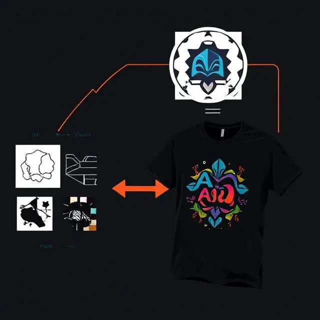 A visual showing an AI-powered design tool analyzing an image or logo, breaking it down into shapes and components like lines, colors, and textures. The image should show the AI transforming the raw image into a custom T-shirt design.