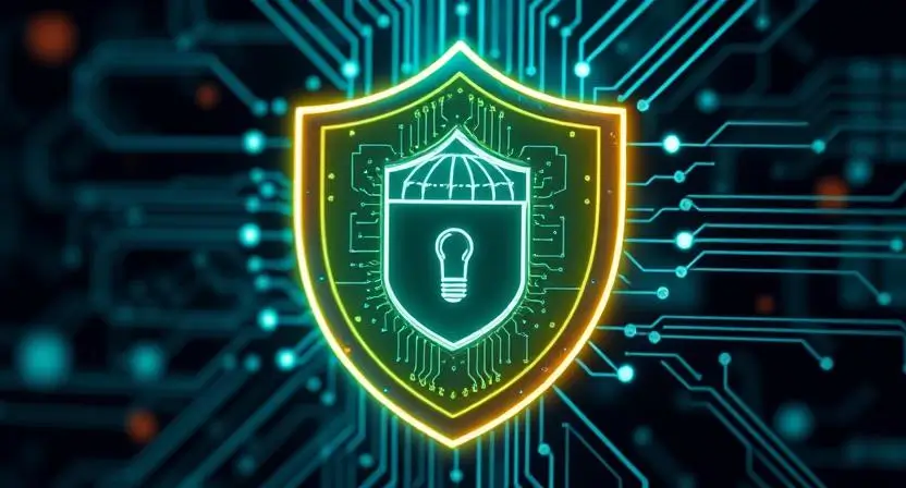 A digital AI security shield protecting user data, symbolizing encrypted AI communication, biometric authentication, and private data protection.