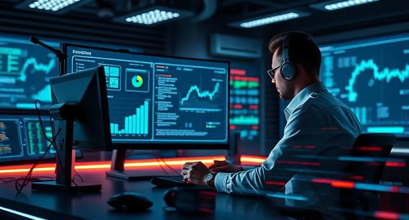 "A dynamic, futuristic workspace showing a news journalist using an AI-powered tool to quickly generate a news article. The screen displays real-time data analysis and automated content generation with a visual of data processing and speed."