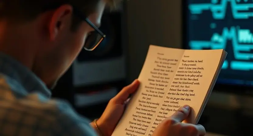 An image of a person analyzing an AI-generated sonnet, comparing it with a traditional sonnet to assess its accuracy and quality.