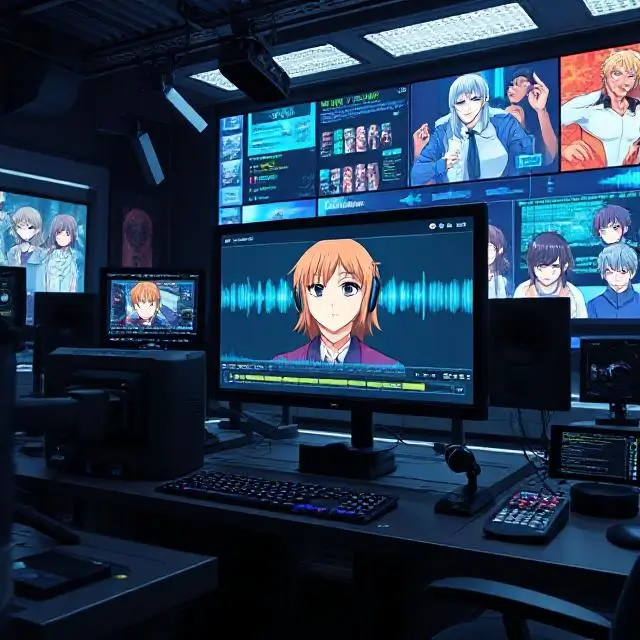 "A high-tech anime production studio using advanced AI voice technology, with a screen showing an AI-generated character voice being created. The background should feature both animated characters and AI-generated voice data streams. The setting should look futuristic and efficient, with an emphasis on the speed and technological advances in anime production."