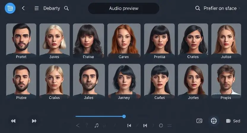 A professional AI voice generator interface displaying various realistic voices, with one selected and playing back an audio preview.
