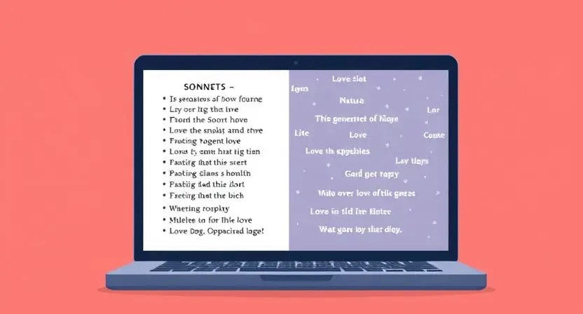 A digital illustration showing a variety of AI-generated sonnets appearing on a laptop screen, with different themes such as love, nature, and melancholy.