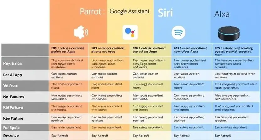 A side-by-side visual comparison of Parrot AI App, Google Assistant, Siri, and Alexa, with key features highlighted in a table format.