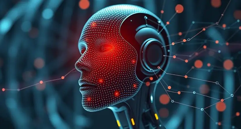 A futuristic AI model training setup with data flowing through a neural network, shaping the replication of a human voice.