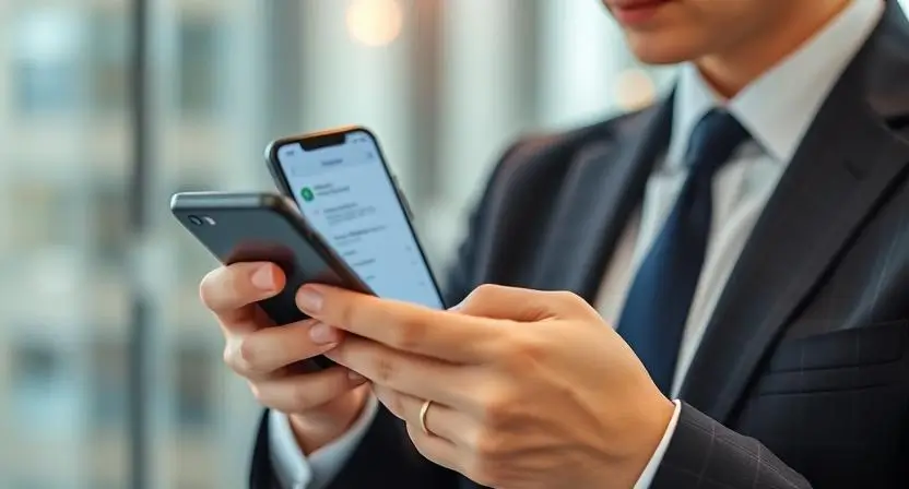 A business professional using the Parrot AI App on a smartphone for scheduling tasks and receiving voice-transcribed meeting notes, showcasing productivity enhancement.