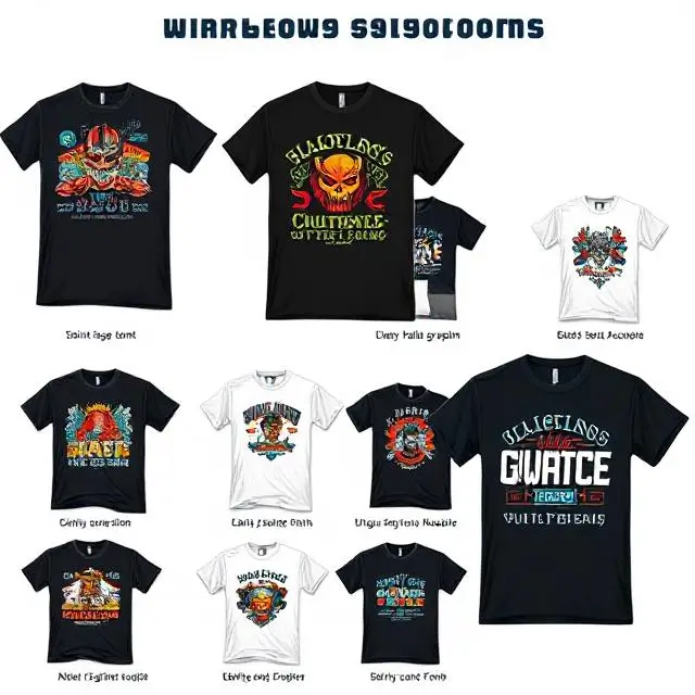 An image showing a collection of T-shirt designs generated by AI, each featuring high-quality graphics, fonts, and unique customization elements. The designs should look professional and visually appealing.