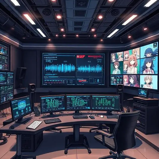 "A futuristic anime studio featuring an AI system at work generating voices for multiple characters. The image should show a large screen with AI algorithms analyzing voice data and anime character animations being created in the background. The studio should look sleek and high-tech, with elements of both AI technology and traditional anime production visible."