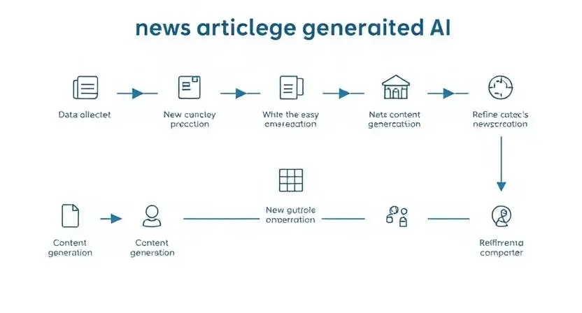 "A flowchart-style diagram illustrating the process of a news article generator AI. Include stages such as data collection, analysis, content generation, and refinement. Use a clean, modern design with icons representing each step."