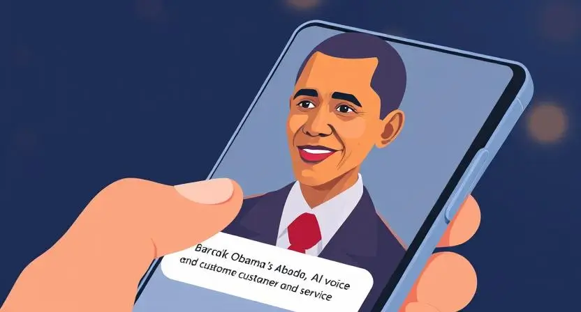 "Illustrate a customer service interaction on a smartphone, where Barack Obama’s AI voice is responding to a user’s inquiry, showcasing AI’s impact on virtual assistants and customer service."