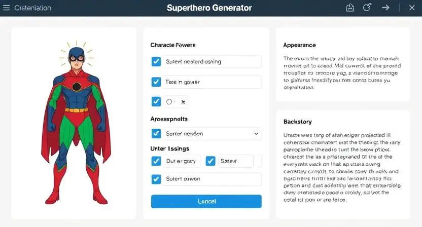 "Create an image of an AI-powered superhero generator interface displaying options for character powers, appearance, and backstory."
