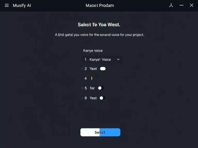 A screenshot of the Musicfy AI voice generator with Kanye West's voice settings, showing the process of selecting Kanye’s voice for a project.