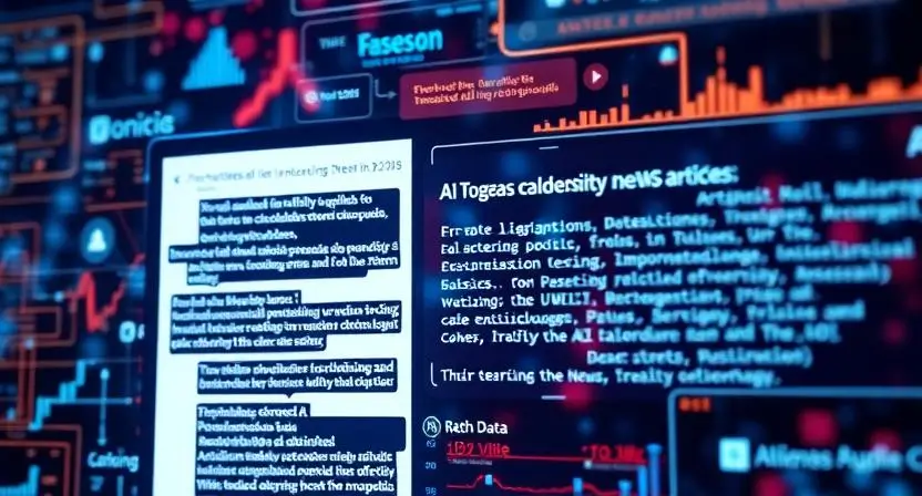 "A futuristic digital interface showing AI algorithms processing news articles with data streams and text generation. The background should include abstract representations of technology, AI, and data analysis."