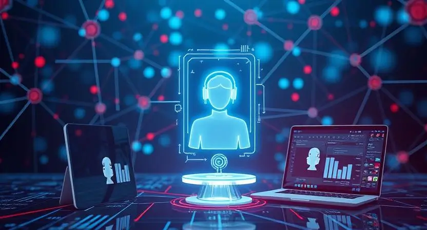 A digital representation of AI learning, with interconnected neural networks and a virtual assistant hologram responding to a user on multiple devices, symbolizing multi-platform synchronization.