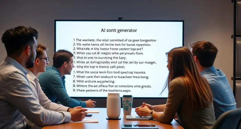 An image showing a marketing team brainstorming and using an AI sonnet generator on a screen to create poetic social media posts for a product launch.