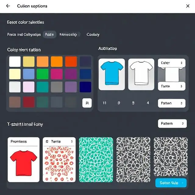 A screenshot showing the customization options in an AI T-shirt design generator, with color palettes, font selections, and pattern choices visible. The image should highlight the flexibility users have in designing their T-shirts.