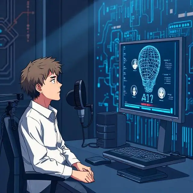 "A conceptual image showing a voice actor sitting in front of a microphone, while an AI system generates voices on a computer screen next to them. The voice actor should appear uncertain, with a futuristic, digital backdrop symbolizing the rise of AI technology in the anime industry. The image should capture the tension between the traditional voice acting profession and the growing influence of AI."
