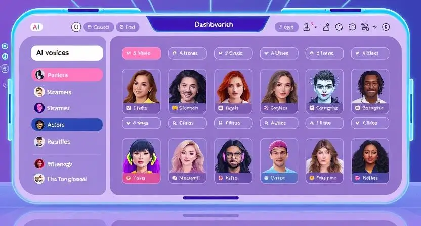 A futuristic AI-powered dashboard with a list of celebrity AI voices, including options like streamers, actors, and influencers.