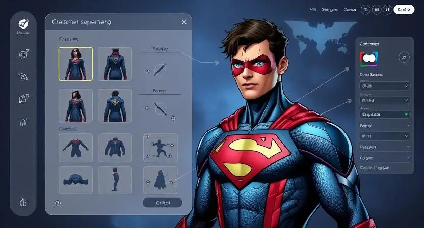 "Create an image of a superhero character being customized by an AI tool, where the user is adjusting features like powers, costume, and backstory."