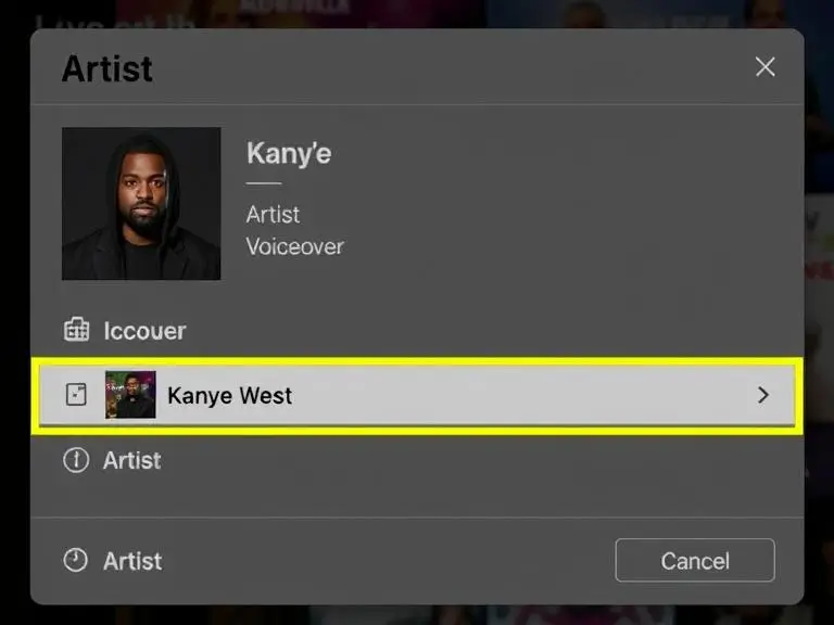 A screenshot showing the artist selection menu with Kanye West highlighted as the chosen artist for the voiceover.