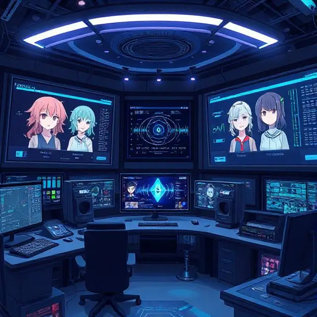 "An illustration of a futuristic anime studio environment where AI technology is being used to generate character voices. The image should showcase advanced software platforms running on large screens, with AI-generated voice models displayed alongside animated character designs. The background should feel high-tech and innovative, with digital interfaces and visual sound waves emanating from the AI system."